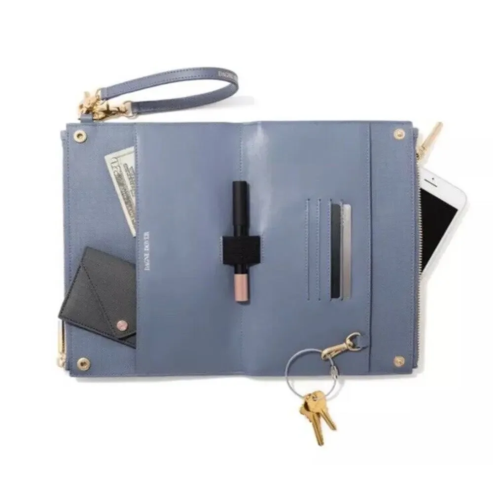 Dagne Dover Double Zip Crossbody in Dusty Blue with Gold Hardware